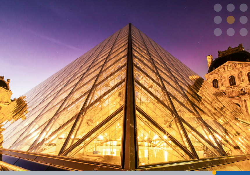 The glass Louvre Pyramid in Paris.