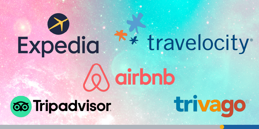 Expedia, Travelocity, Airbnb, Tripadvisor, and Trivago travel logos