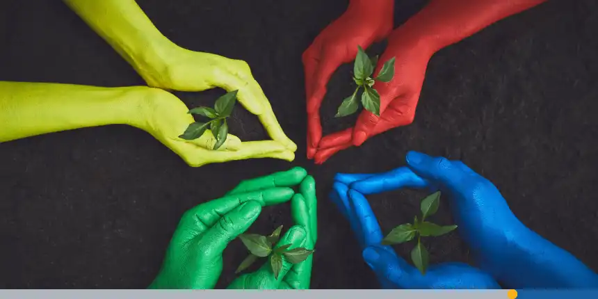 Yellow, red, green, and blue hands holding plants