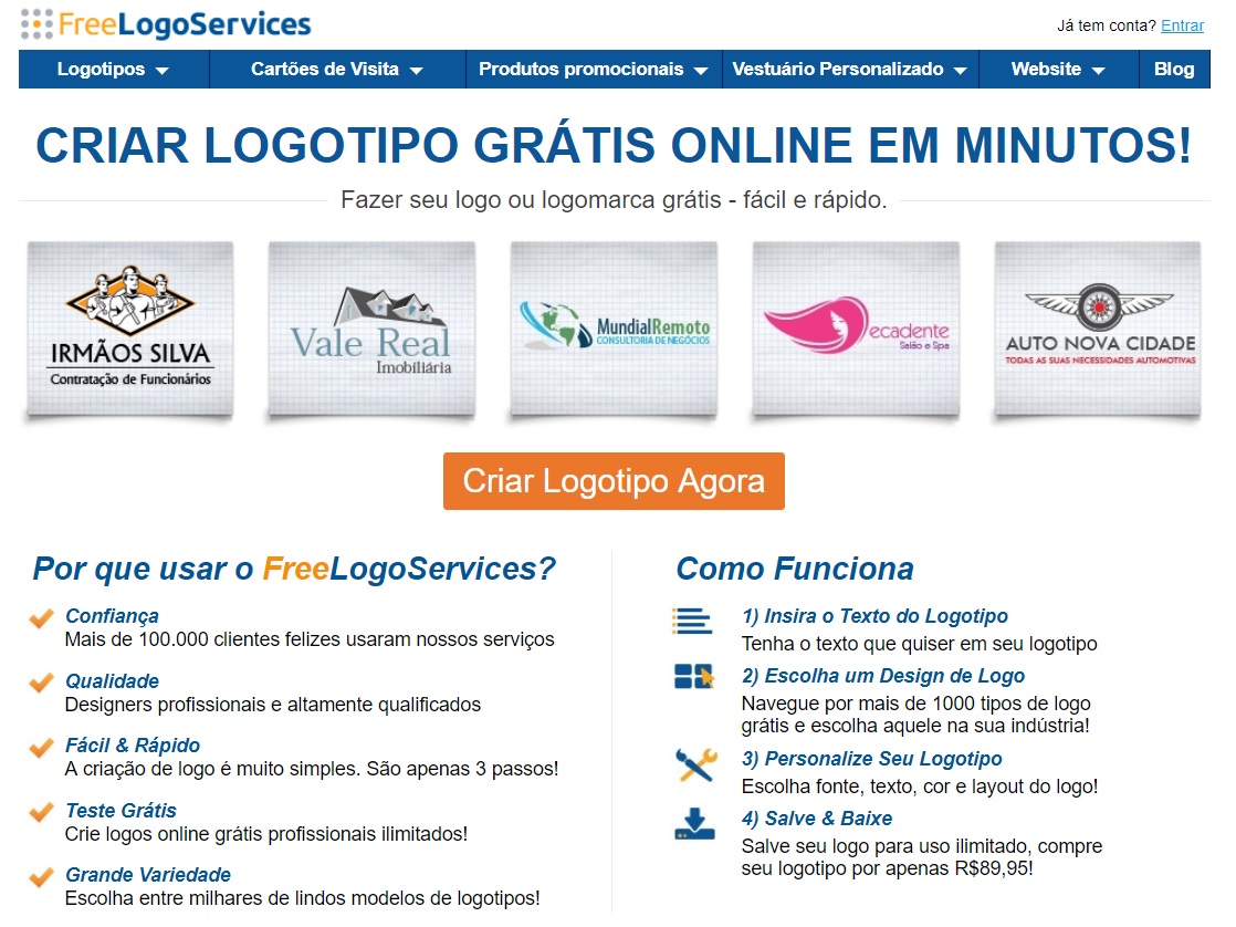 Freelogoservice home page in portuguese