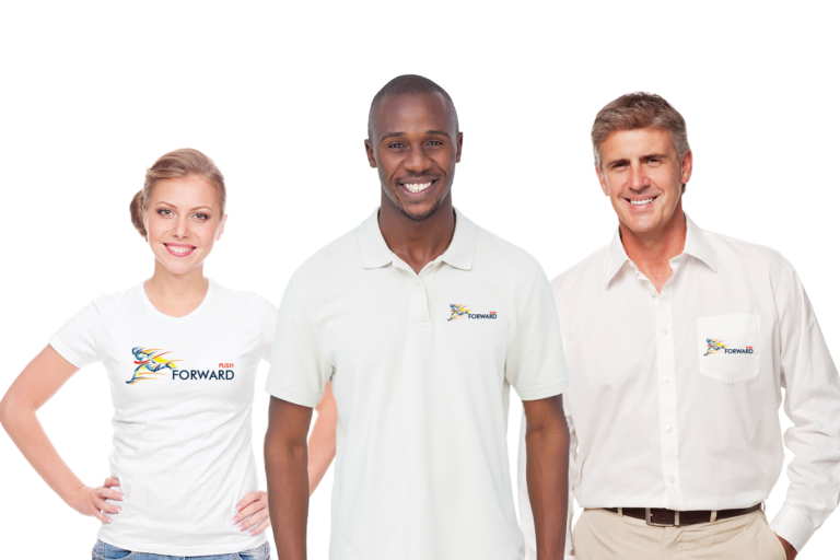 three people wearing branded shirts